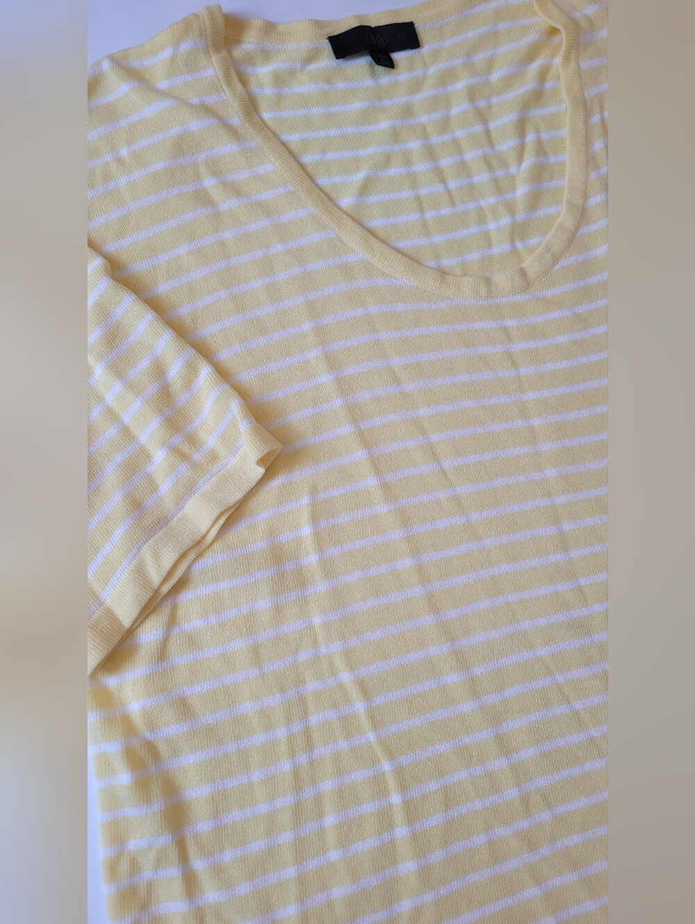 Zara Yellow White Striped Linen Blend Knit Scoop Neck Tee L - Picture 5 of 13